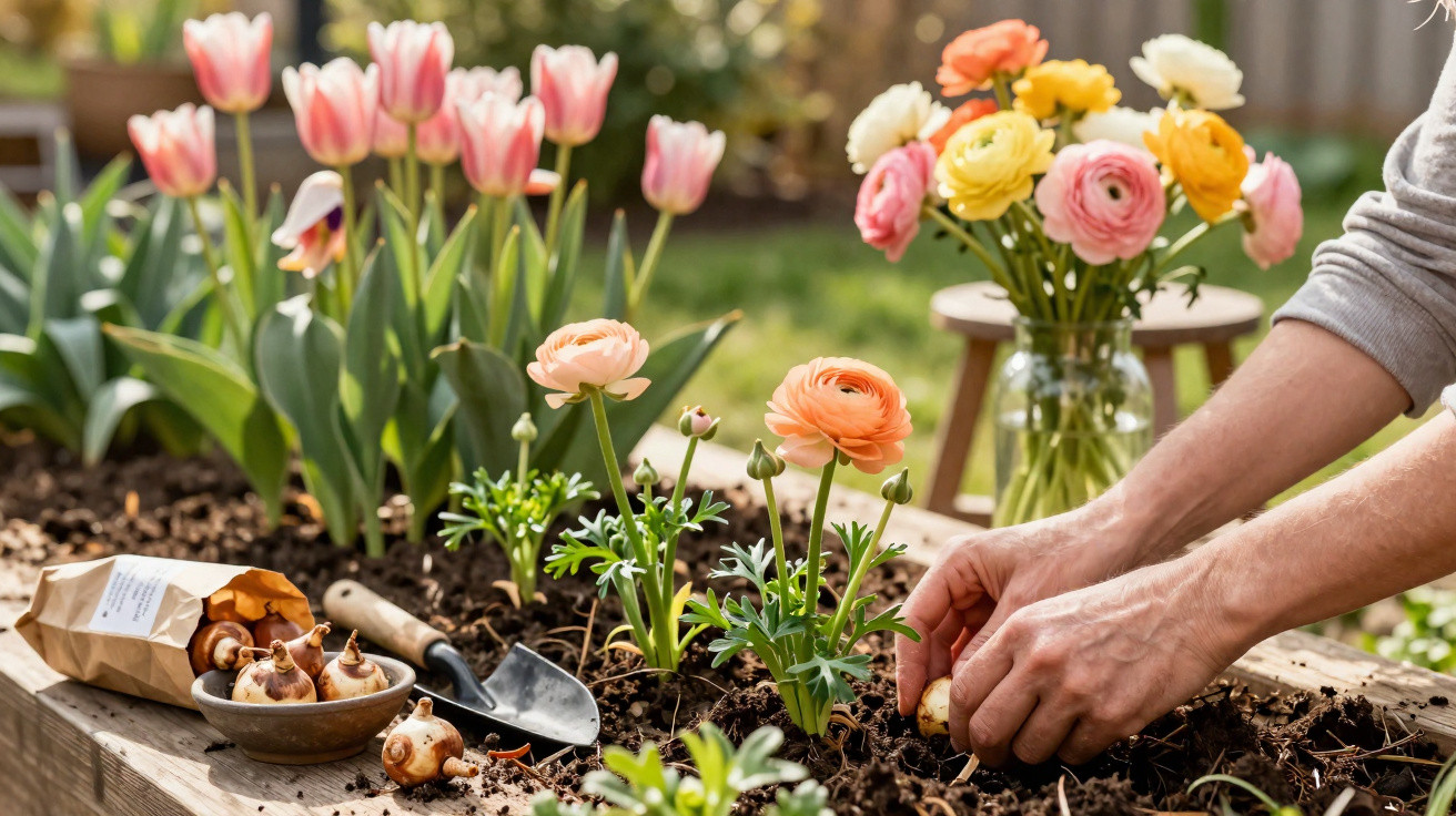 Pessoa plantando bulbos de flores em canteiro com tulipas e arranjo colorido ao fundo.
