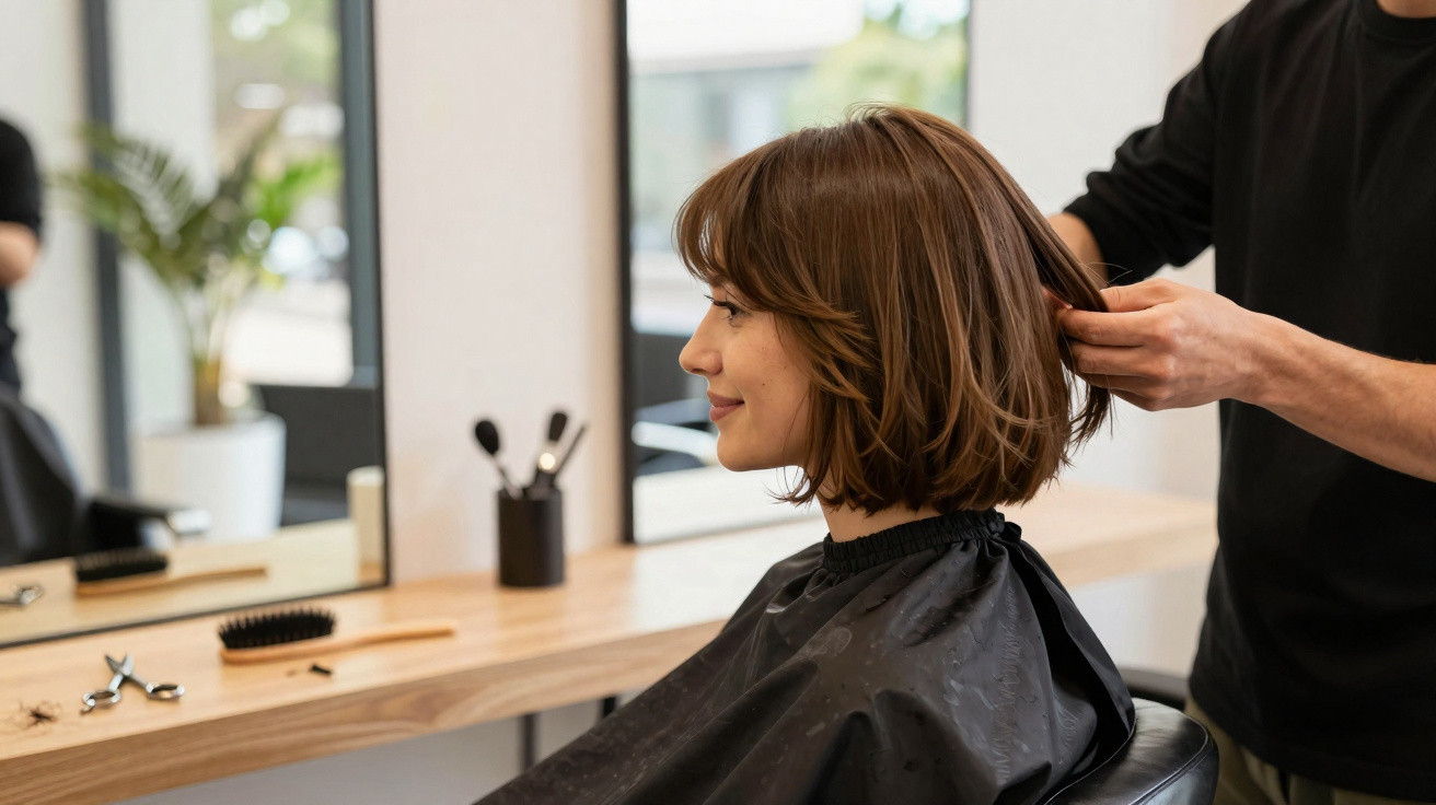 Mulher sorridente recebendo corte de cabelo em salão moderno com espelho e bancada ao fundo.