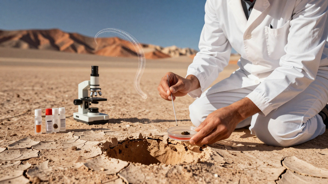 Cientista em jaleco branco coleta amostra de solo no deserto com microscópio e frascos ao lado.