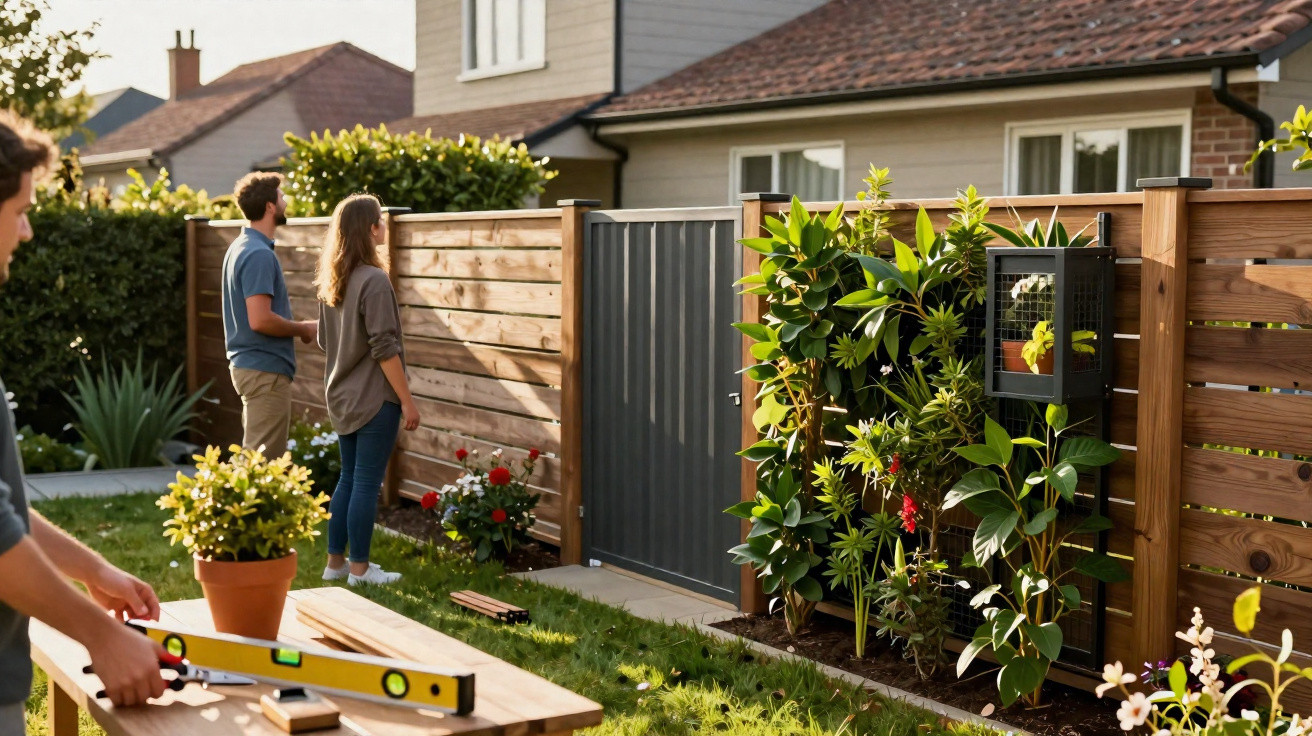 Duas pessoas observam cerca de madeira com plantas penduradas enquanto outra pessoa trabalha com ferramentas no jardim.