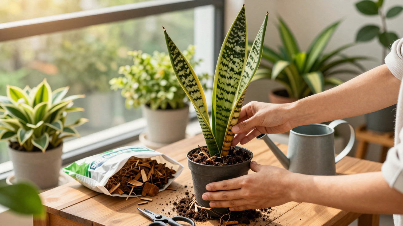 Pessoa cuidando de planta sansevieria em vaso com terra e substrato para jardinagem em mesa de madeira.