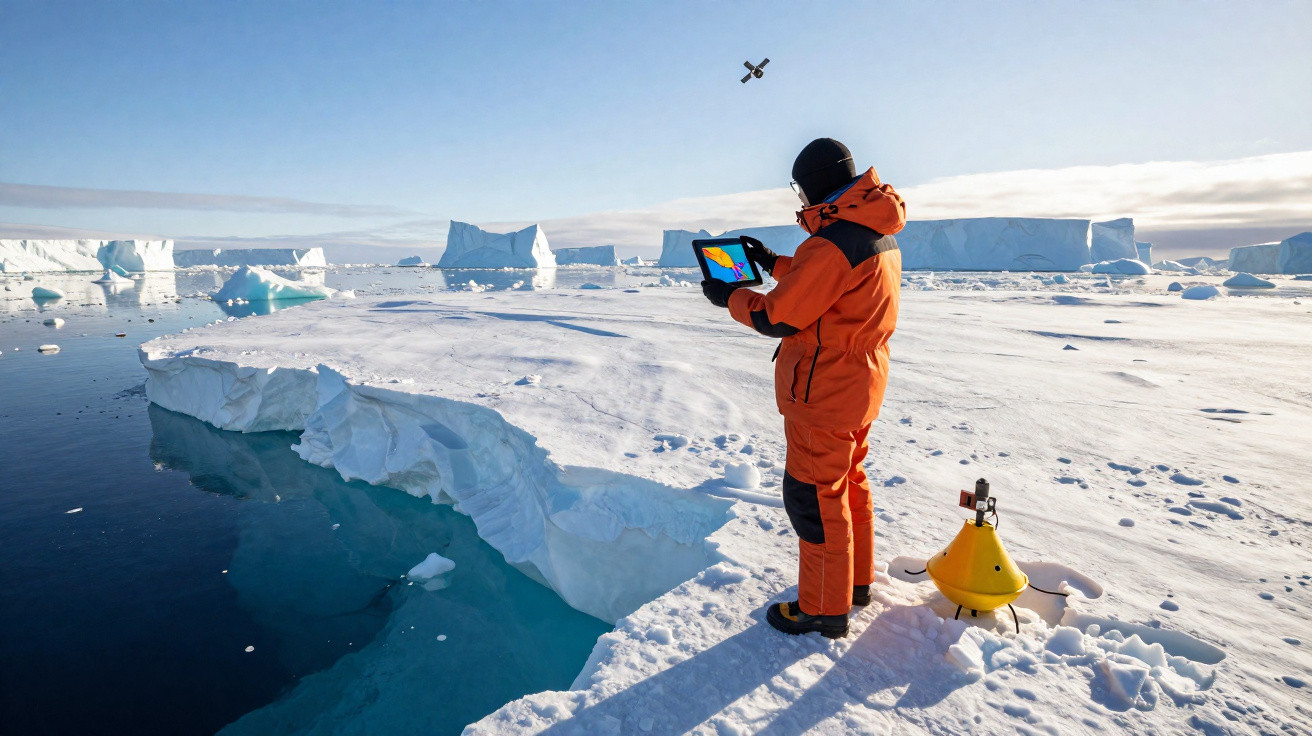 Pesquisador em traje laranja analisa dados em tablet no gelo polar próximo a equipamento científico amarelo.
