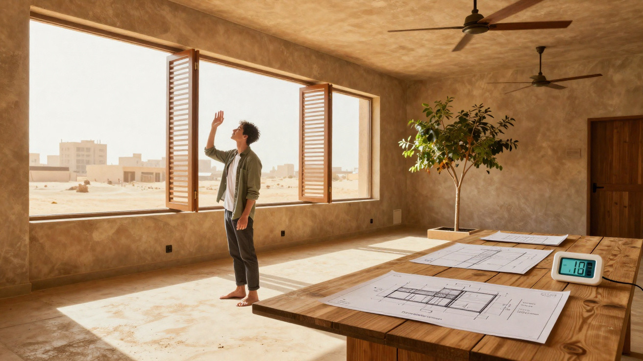 Homem abre janela de sala iluminada com planta, mesa e plantas em ambiente minimalista.