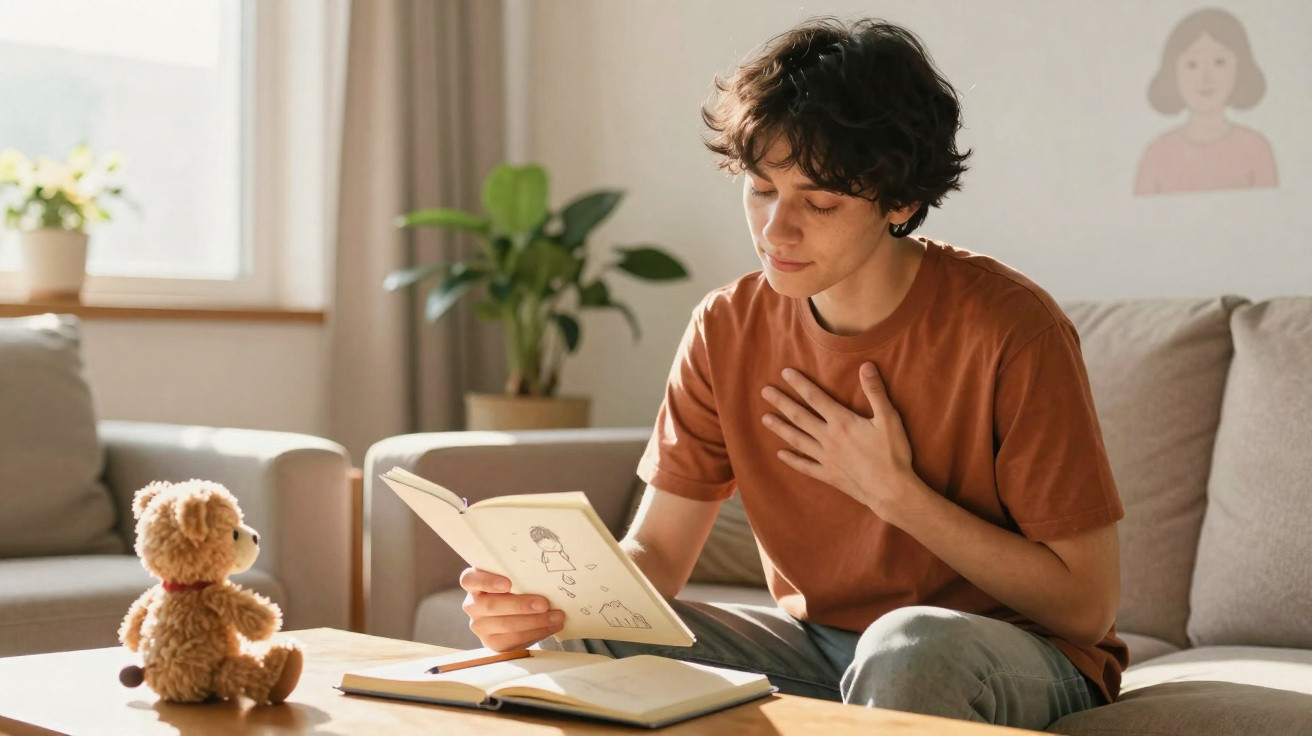 Jovem sentado no sofá lendo livro e segurando a mão no peito, com ursinho de pelúcia na mesa à frente.