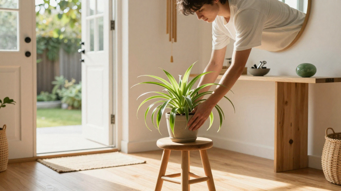 Pessoa ajusta vaso com planta sobre banco de madeira em ambiente iluminado e arejado.