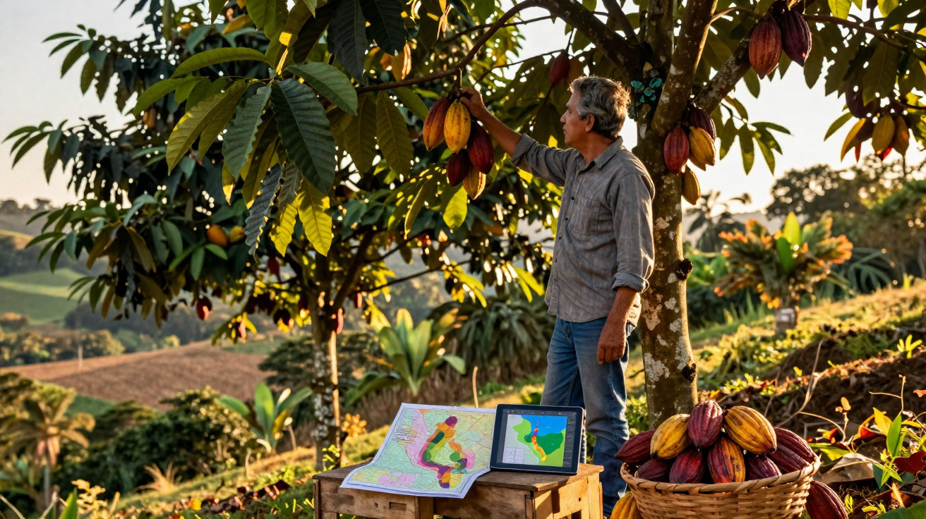 Homem inspecionando cacauzeiro em plantação com mesa contendo mapas e cesta com cacau ao pôr do sol.