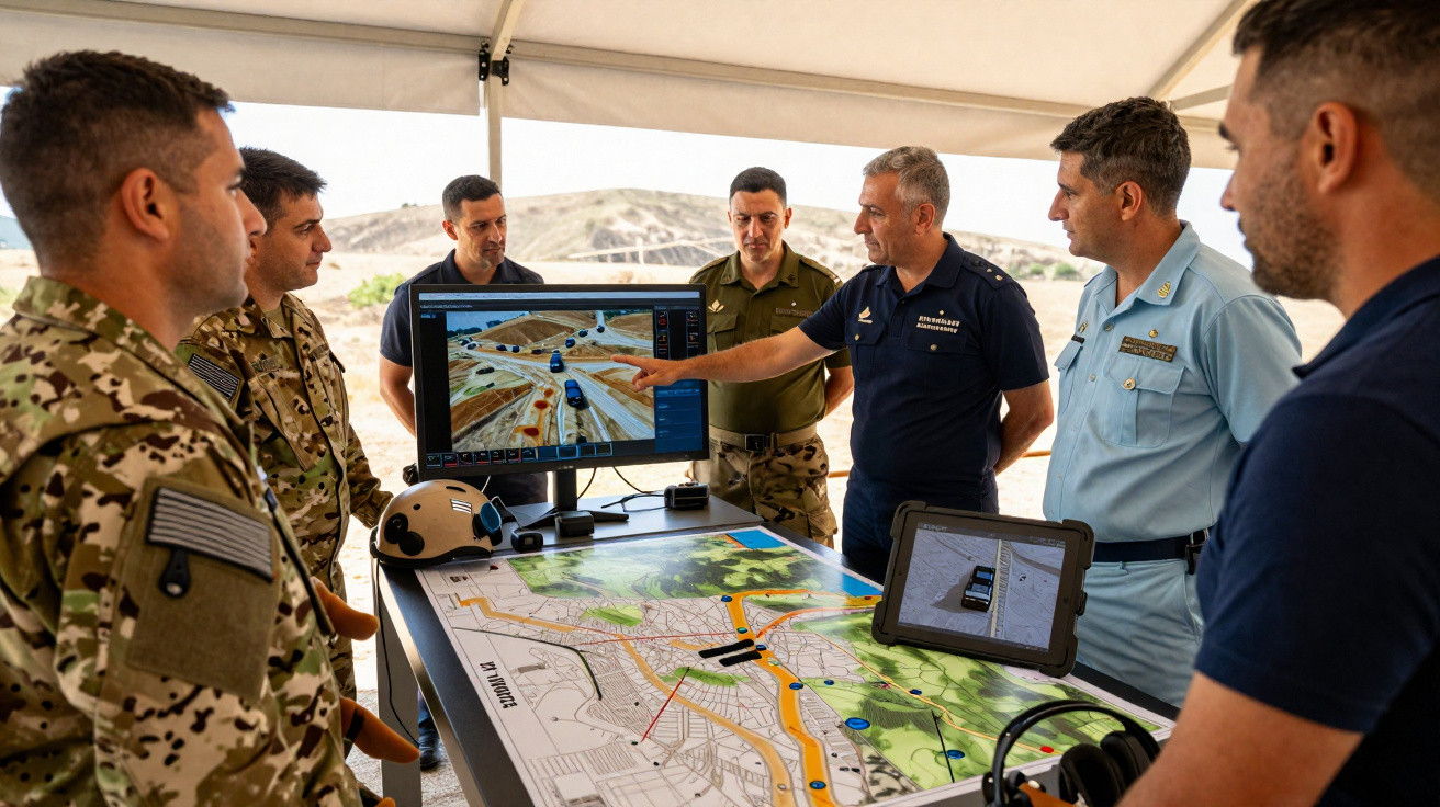 Militares em reunião estratégica analisando mapas e imagens táticas em monitores sob cobertura externa.