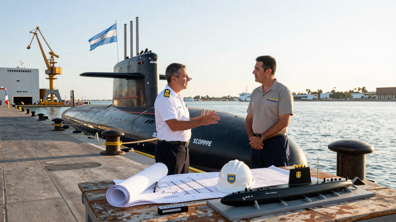 Dois homens conversam ao lado de um submarino atracado em porto, com mapas, capacete e maquete sobre a mesa.