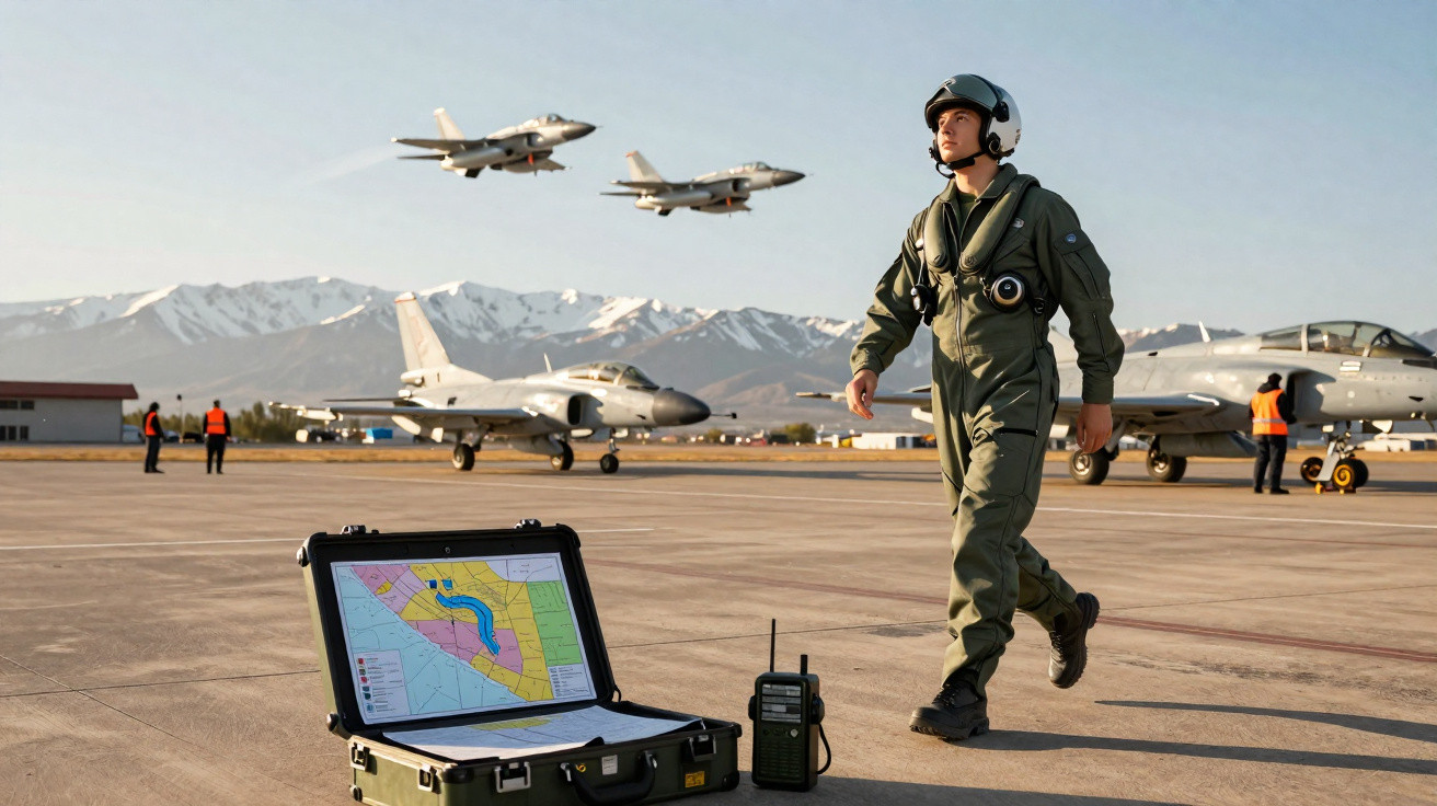 Piloto em uniforme caminha pelo aeródromo com três jatos em voo e dois aviões estacionados ao fundo.