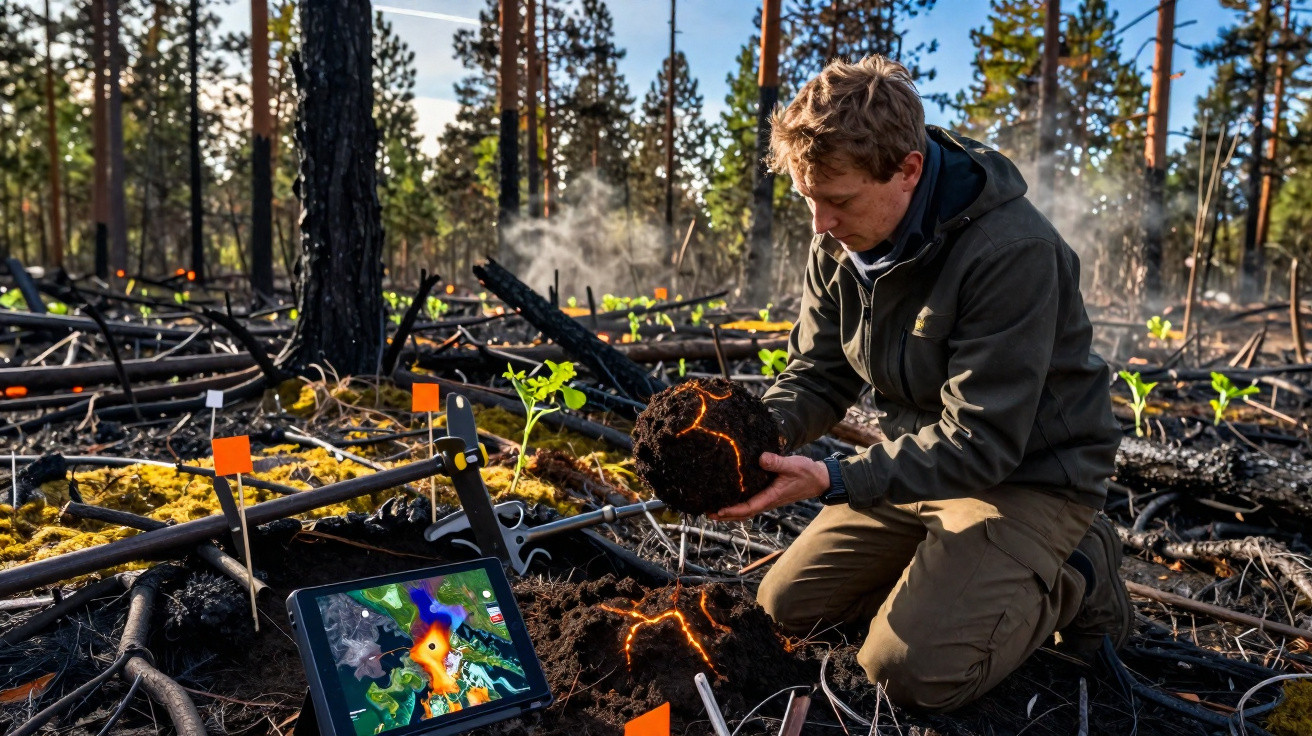 Pesquisador analisa solo e muda em área de floresta queimada com equipamentos de monitoramento digital.