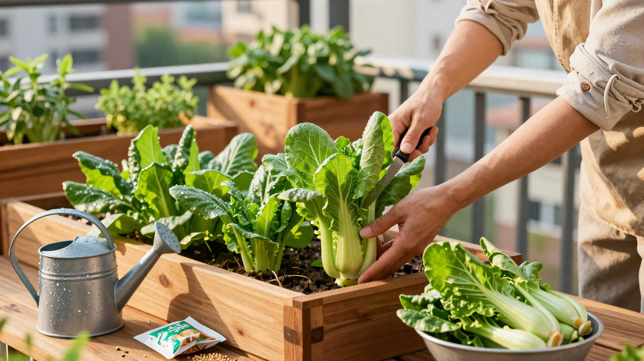 Pessoa colhendo verduras em caixa de madeira em horta urbana na varanda de apartamento.