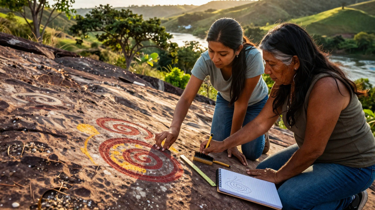 Duas mulheres indígenas estudam e desenham pinturas rupestres coloridas em uma pedra ao ar livre.
