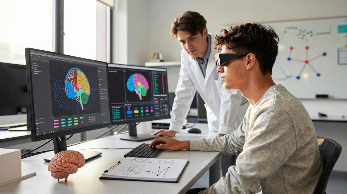 Dois jovens analisam imagens de cérebro em dois monitores de computador em laboratório moderno.