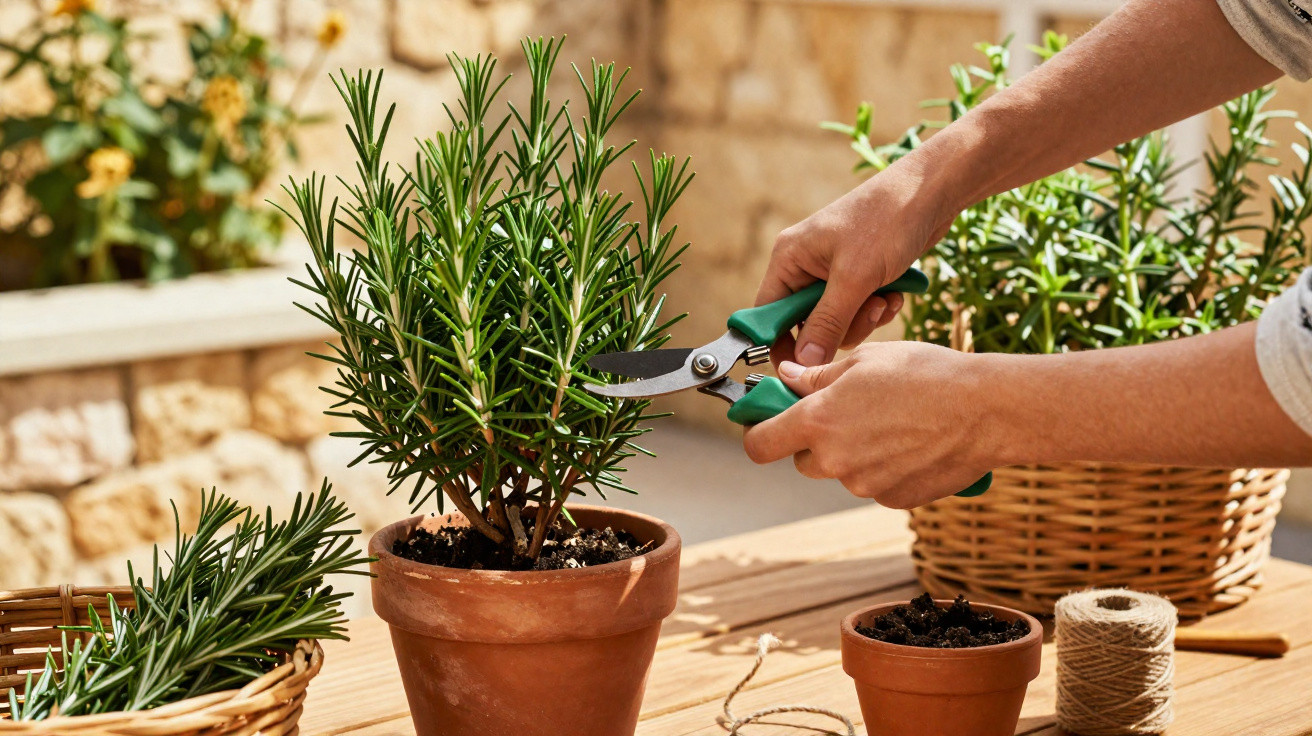 Pessoa cuidando de planta de alecrim em vaso de barro, usando tesoura de jardinagem em ambiente externo.
