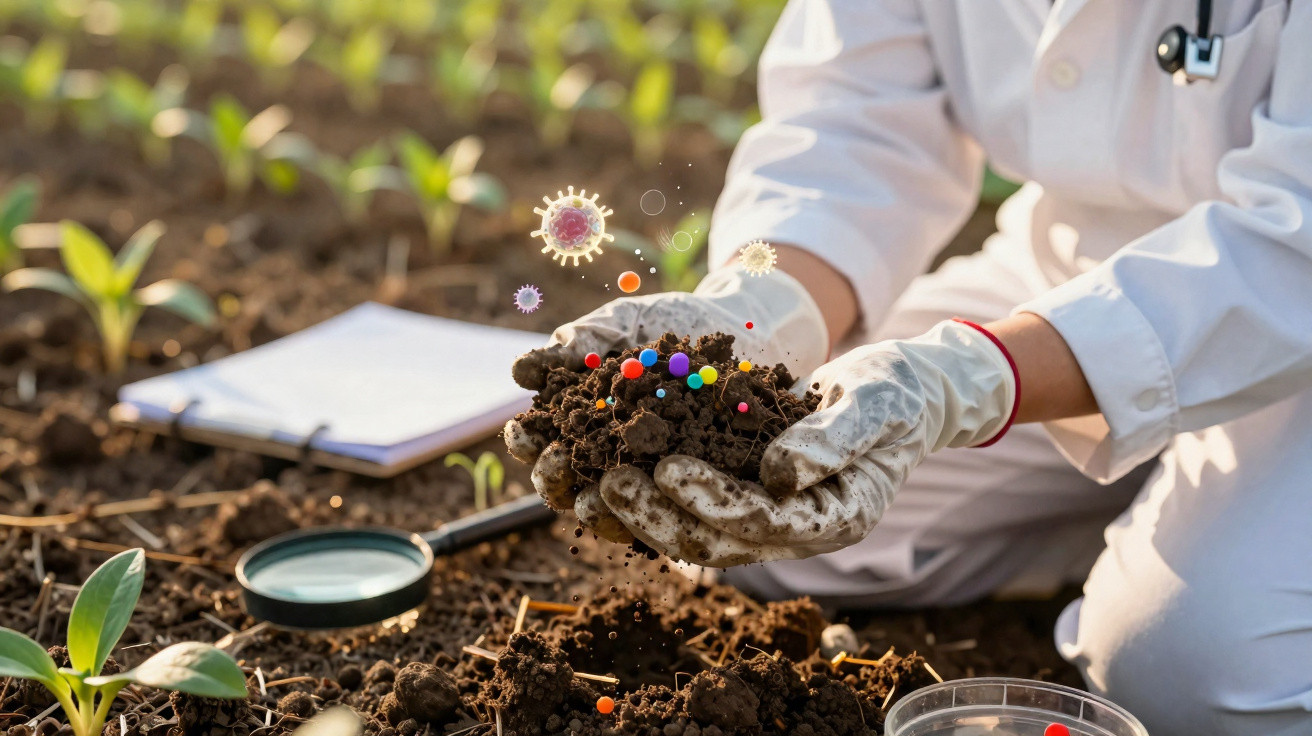 Pessoa com luvas segurando terra em plantação, com ícones de partículas coloridas representando microrganismos.