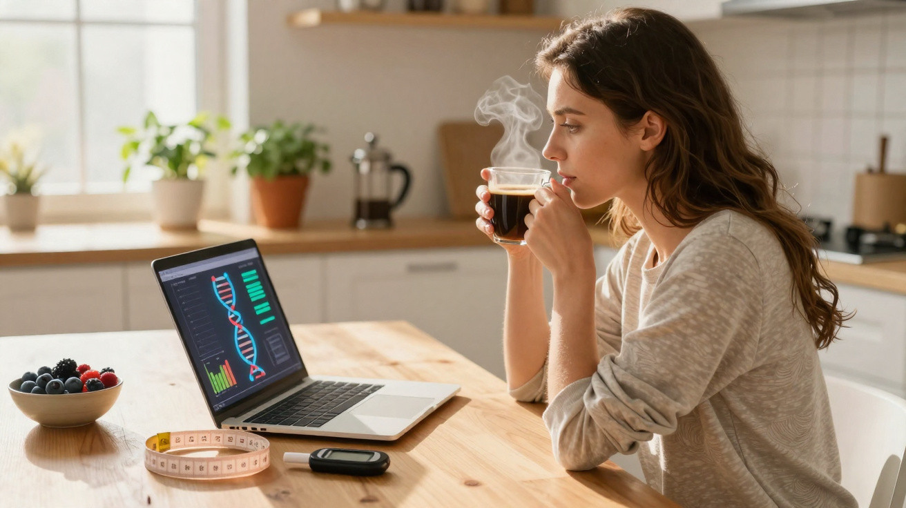 Mulher segurando xícara de café quente enquanto observa gráfico de DNA em notebook na cozinha.
