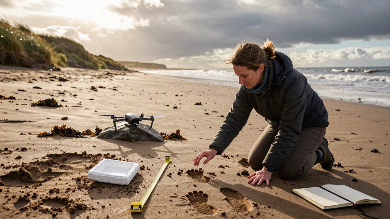 Mulher ajoelhada em praia medindo pegadas com fita métrica e drone próximo, sob céu nublado ao entardecer.