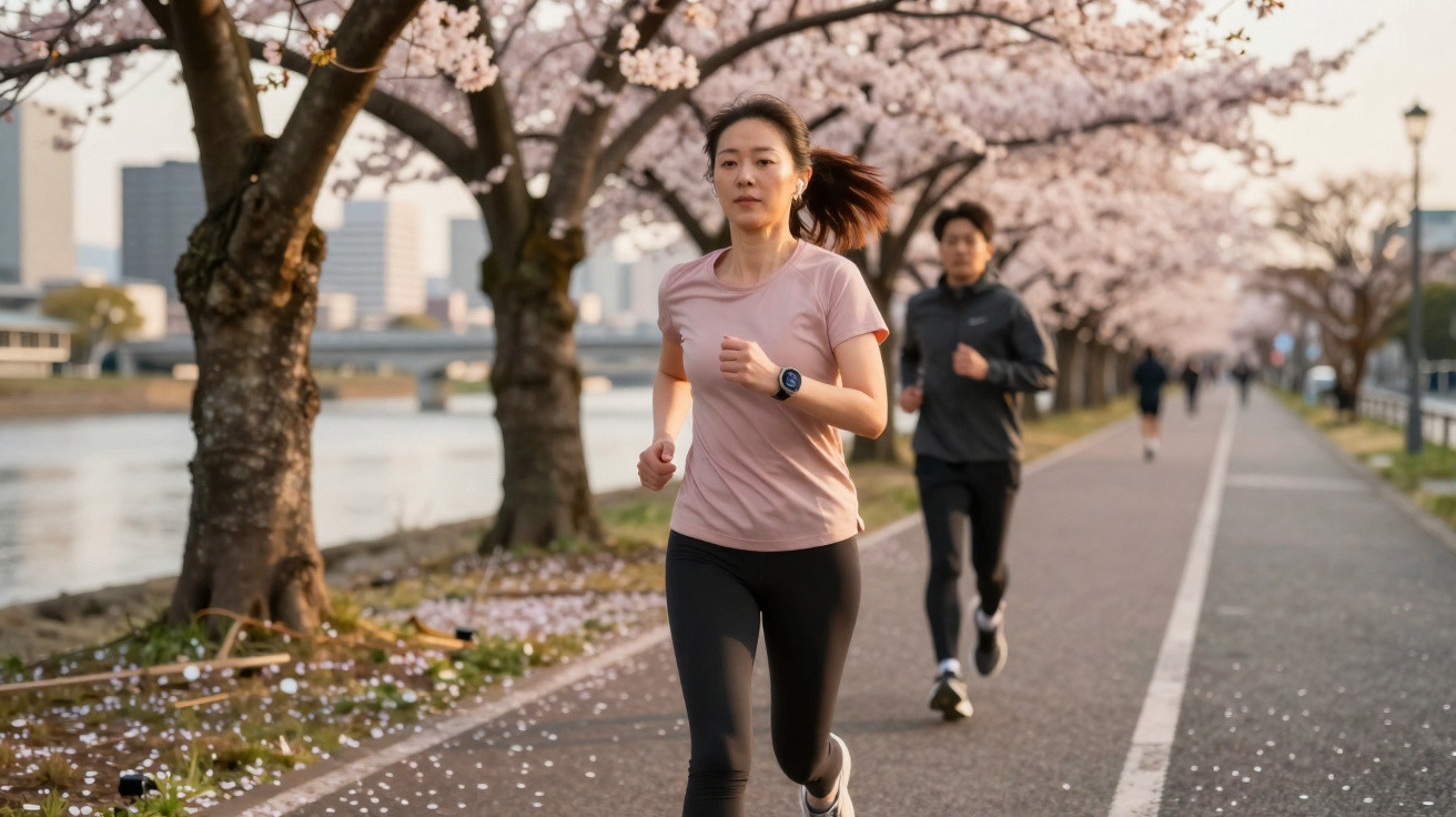 Mulher correndo em pista com árvores floridas ao longo de rio em ambiente urbano ao entardecer.