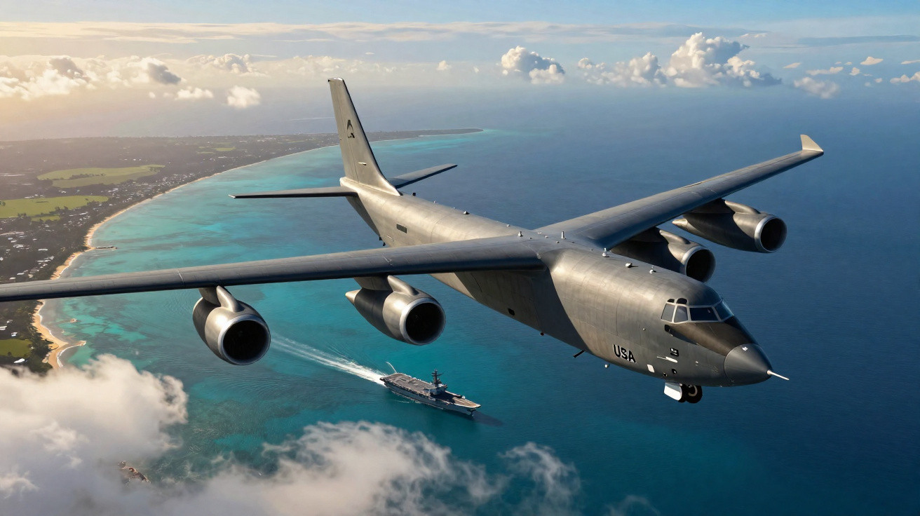 Avião militar americano voando sobre o oceano com navio de guerra próximo à costa ensolarada.