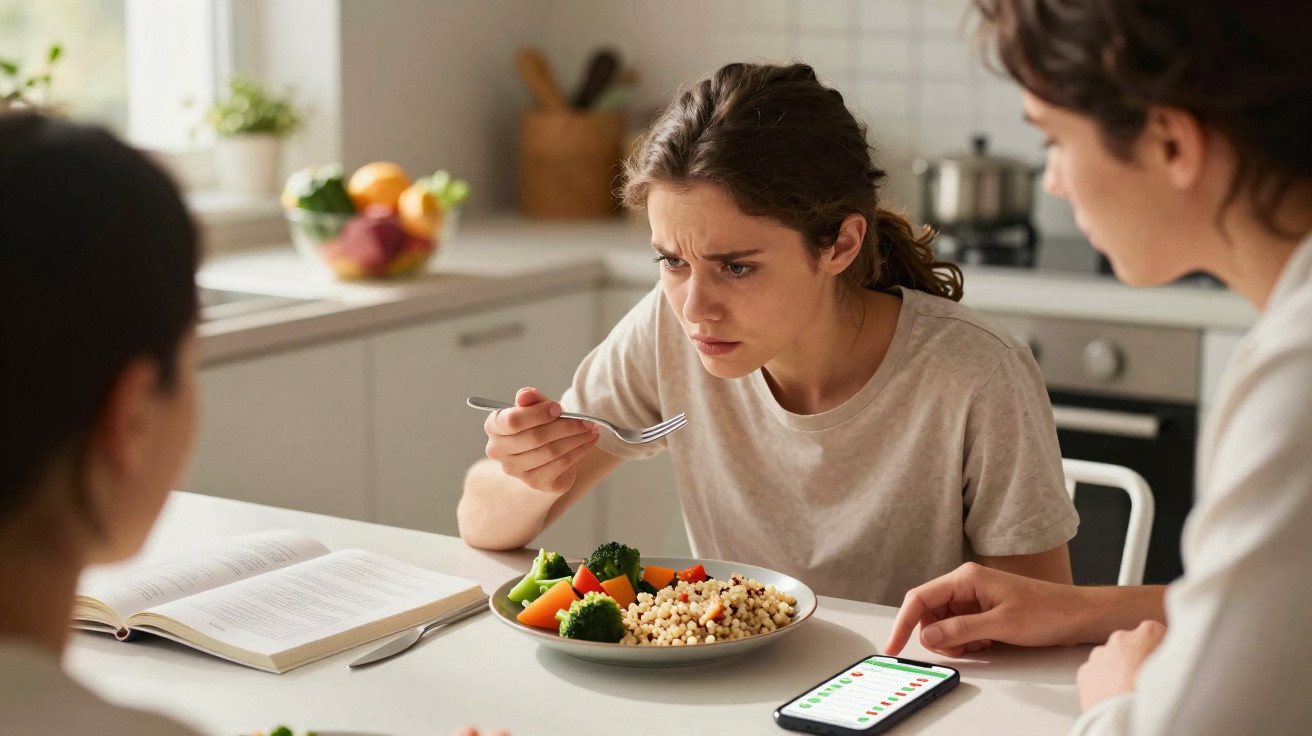 Jovem com expressão desconfiada olhando para prato de comida saudável enquanto está sentada à mesa com outras pessoas.