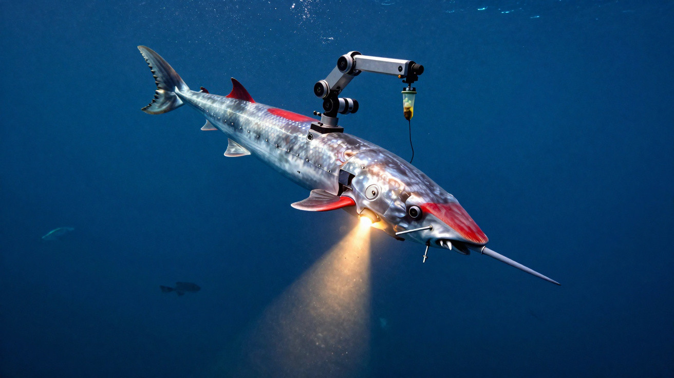 Robô submarino com formato de peixe, equipado com luz e braço mecânico para exploração subaquática.