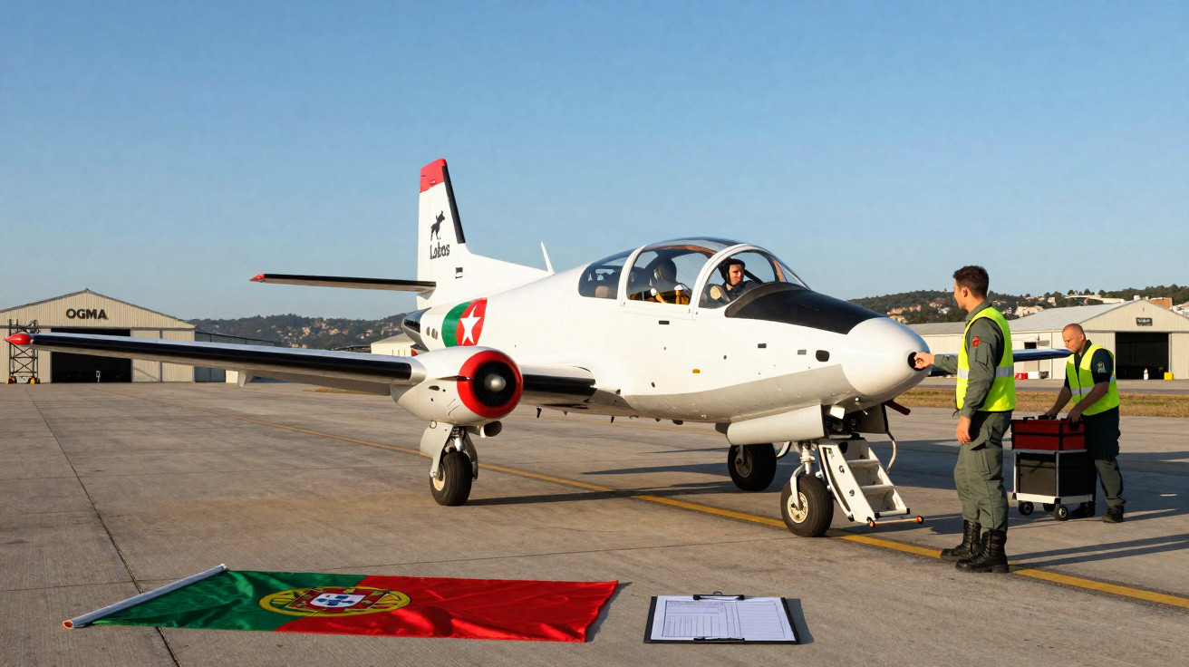 Avião de treinamento branco no chão com tripulantes e bandeira de Portugal ao lado em aeroporto.