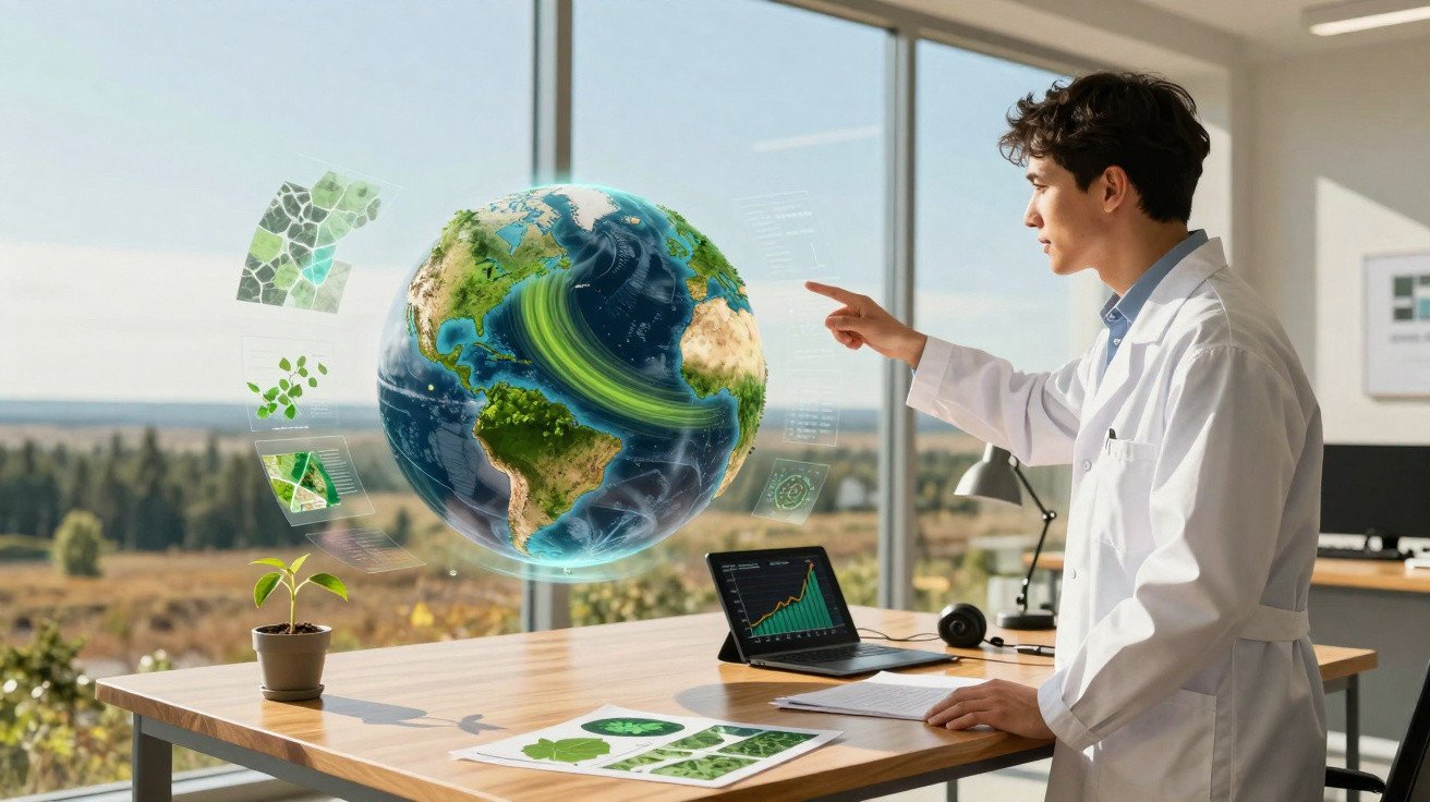 Cientista em laboratório interage com holograma de globo terrestre e dados ambientais digitais.