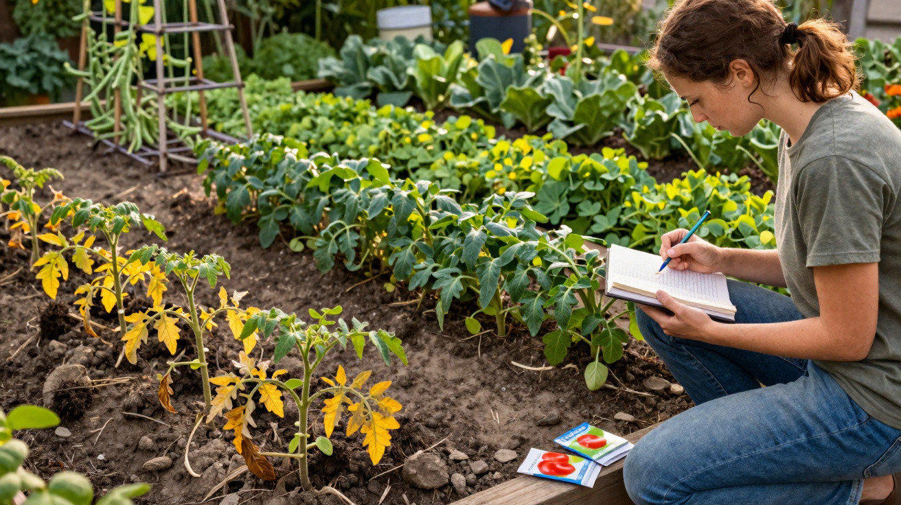 Mulher agachada escrevendo em caderno ao lado de sementes e plantas em canteiro de jardim.