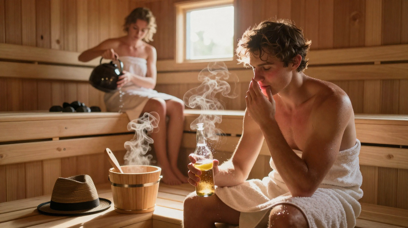 Homem e mulher relaxando em sauna de madeira, homem segura garrafa com bebida e mulher despeja água quente.