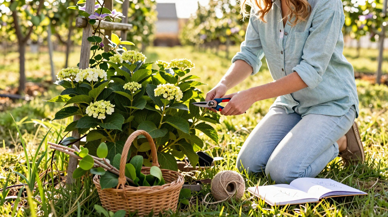 Mulher ajoelhada no jardim, podando plantas floridas com tesoura e caderno aberto ao lado.
