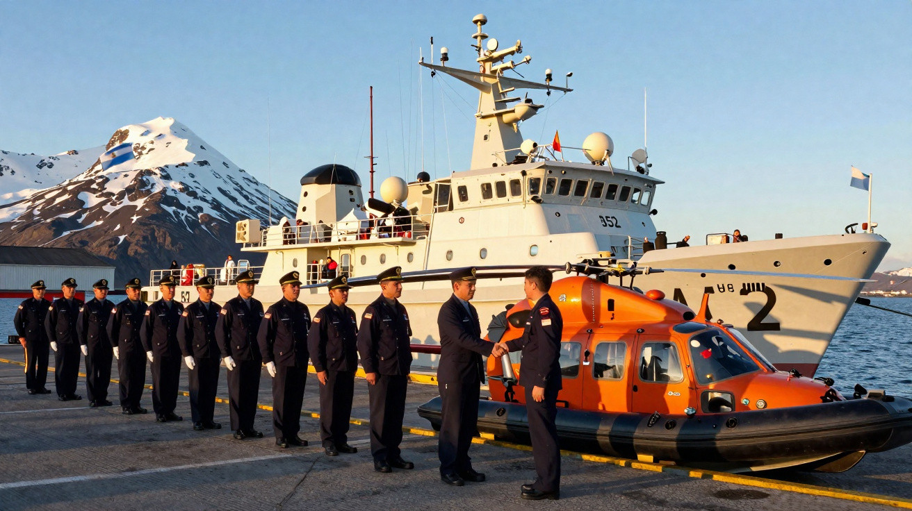 Marinheiros alinhados cumprimentam-se próximo a barco laranja e navio branco com montanhas nevadas ao fundo.
