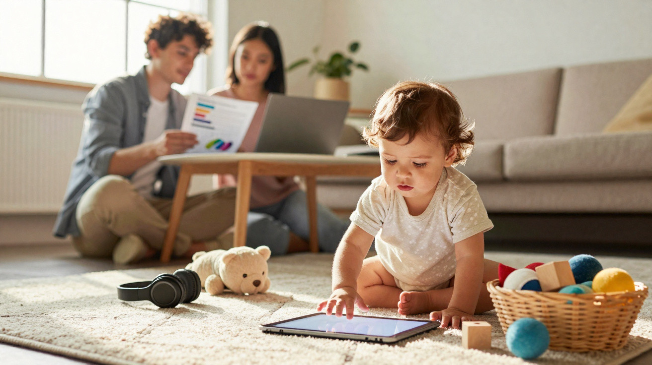 Criança usando tablet no tapete da sala enquanto adultos analisam documentos sentados no chão atrás.