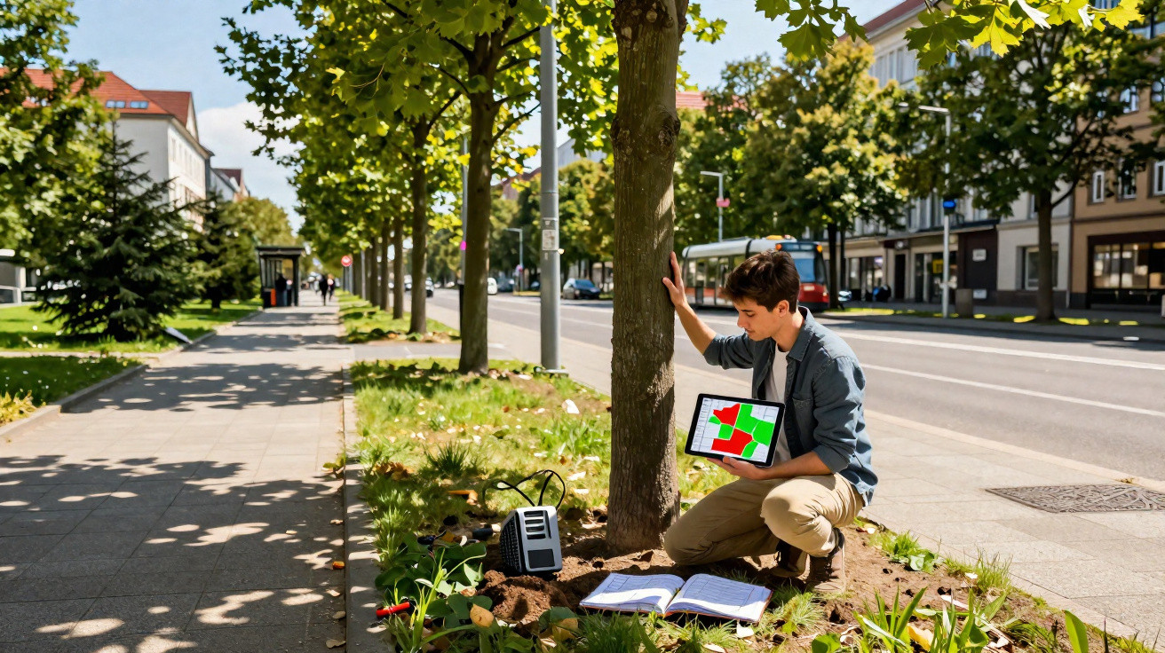 Jovem com tablet analisando planta de árvores em área urbana perto de árvore na calçada ensolarada.