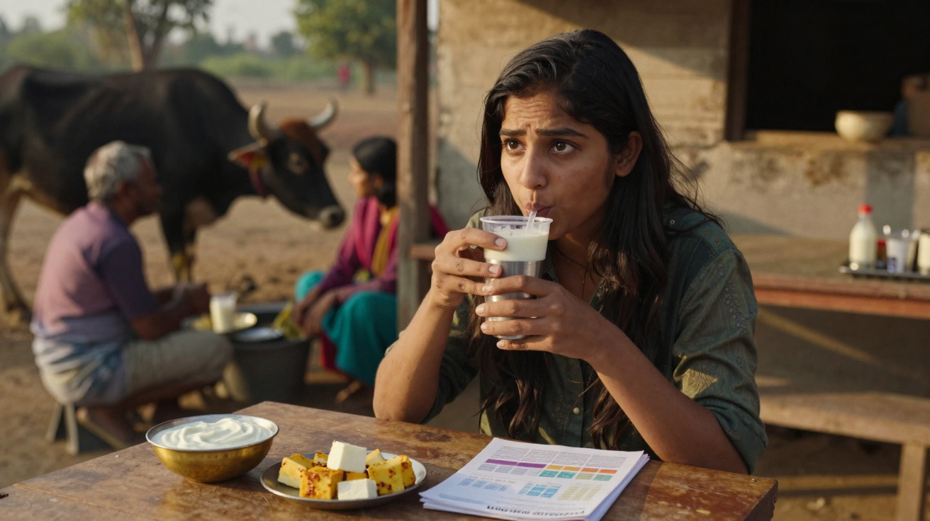 Mulher bebendo leite em copo, com comida e documento sobre mesa, com pessoas e vaca ao fundo.