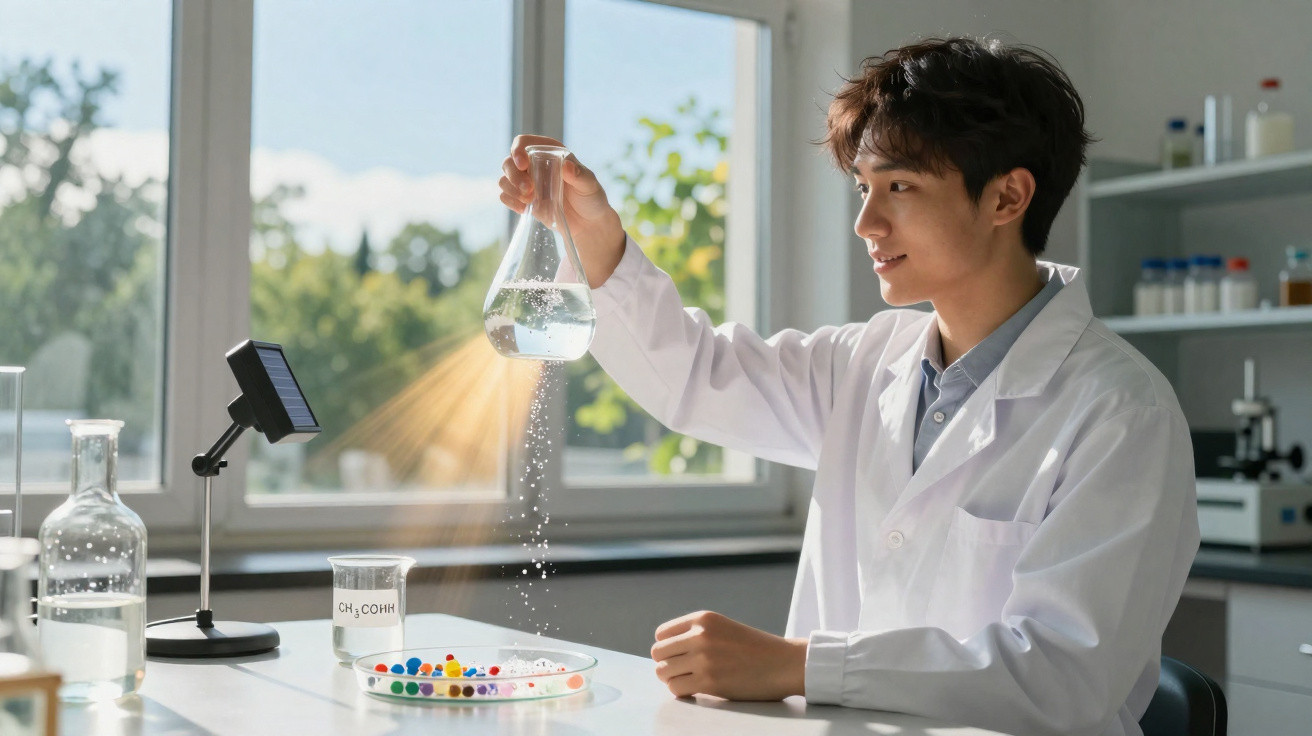 Jovem cientista em laboratório segurando erlenmeyer com líquido, luz solar passando pela janela iluminando a cena.
