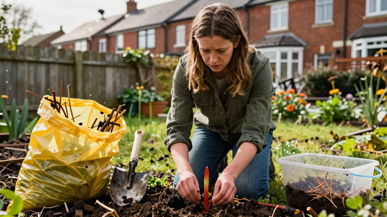 Mulher plantando mudas em jardim urbano, cercada por ferramentas de jardinagem e sacos de terra.