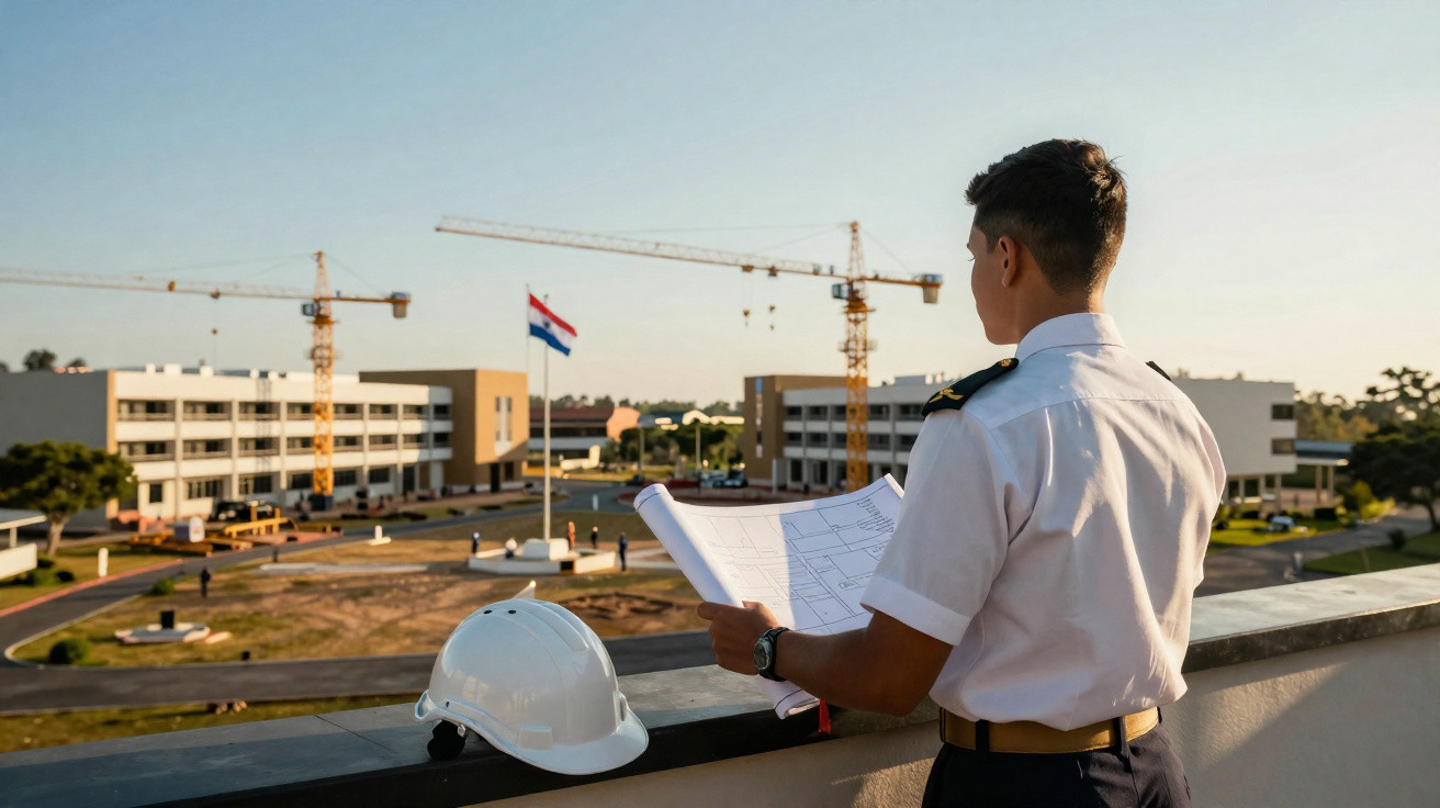 Homem de uniforme observa planta de construção em obra com capacete apoiado em grade à sua frente.
