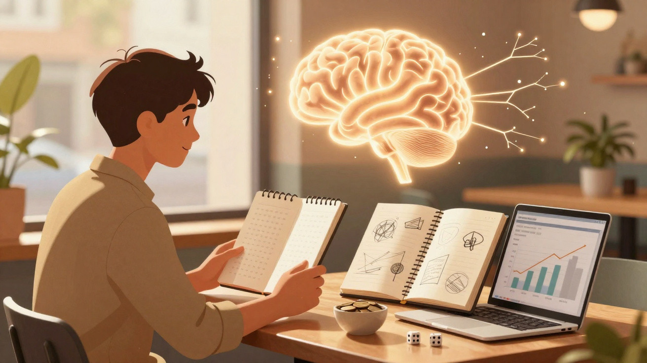 Pessoa estudando com caderno, laptop mostrando gráfico e ilustração luminosa de cérebro sobre a mesa.