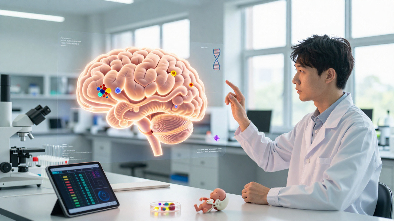 Pesquisador em laboratório interage com modelo 3D digital de cérebro humano com gráficos científicos.