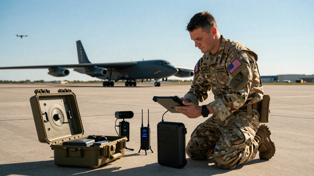 Soldado americano de joelhos operando equipamentos eletrônicos em pista com aeronave militar ao fundo.
