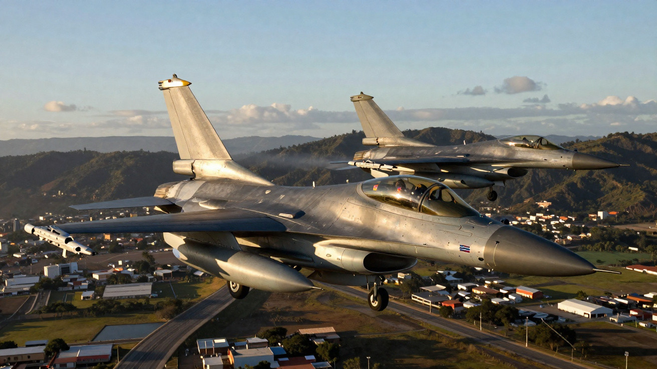 Dois caças militares voando sobre cidade com colinas ao fundo em céu claro.