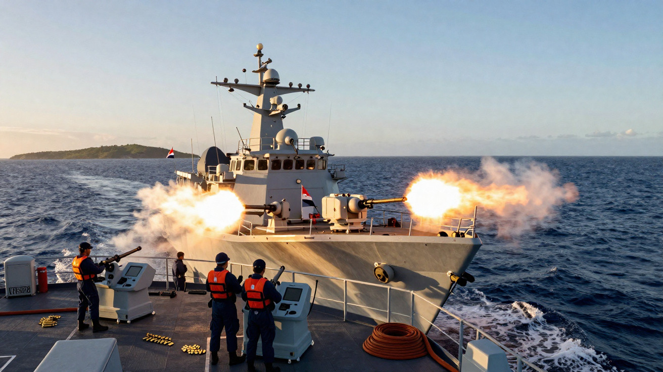 Navio de guerra disparando canhões na marinha com tripulação em ação sob céu claro.