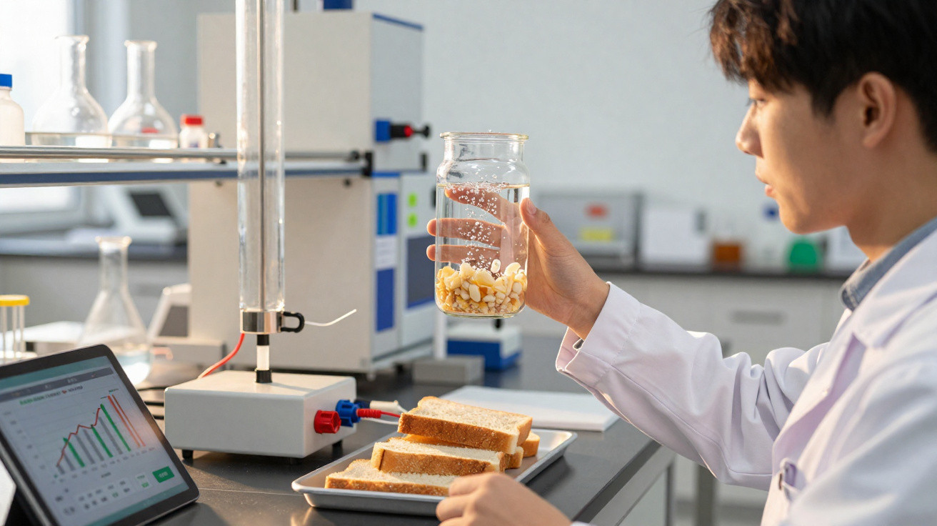 Cientista analisando feijões em jarra com água, com fatias de pão e gráfico em tablet na bancada do laboratório.