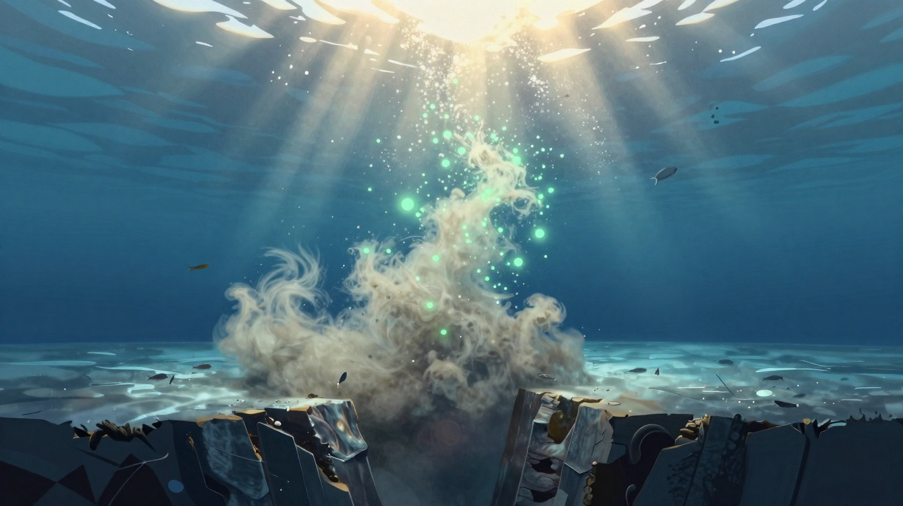 Fumaça e partículas luminosas subindo no fundo do mar com raios de sol atravessando a água azul.
