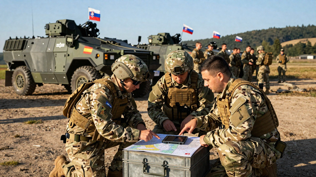 Militares em uniforme camuflado consultam mapa sobre caixa metálica com veículo blindado ao fundo.