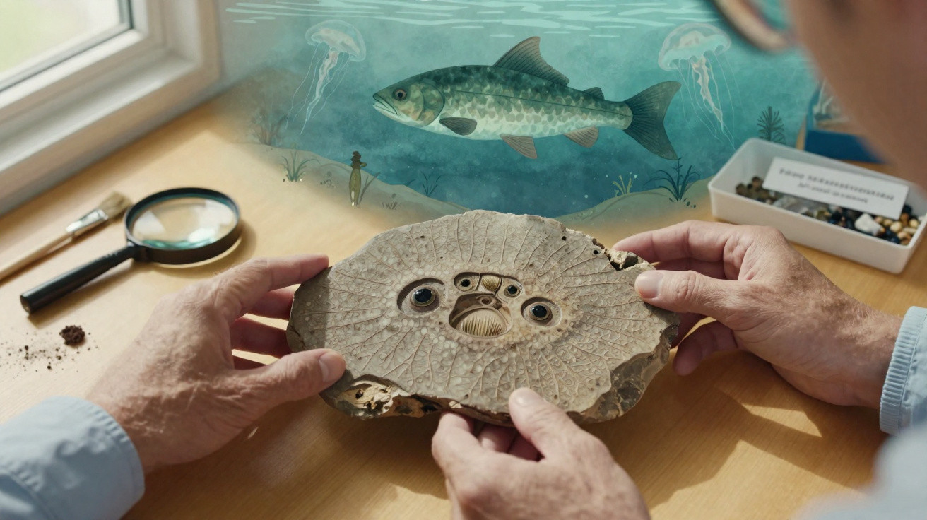 Pessoa segurando fóssil de peixe com mesa, lupa e ilustração de peixe e água ao fundo.