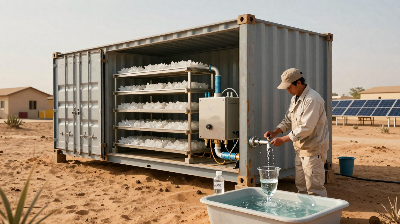 Homem coletando água em copo de máquina de dessalinização solar em container no deserto.