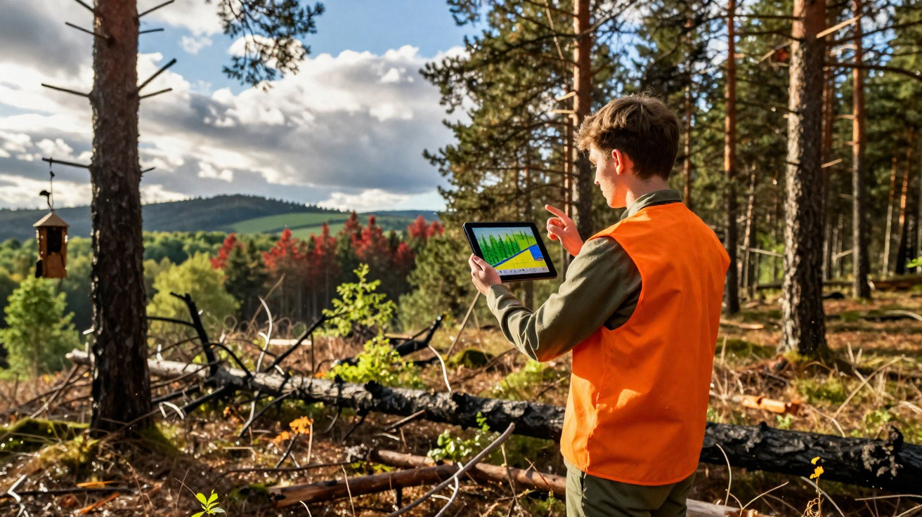 Jovem em colete laranja usa tablet para analisar dados florestais em área com árvores e céu nublado.
