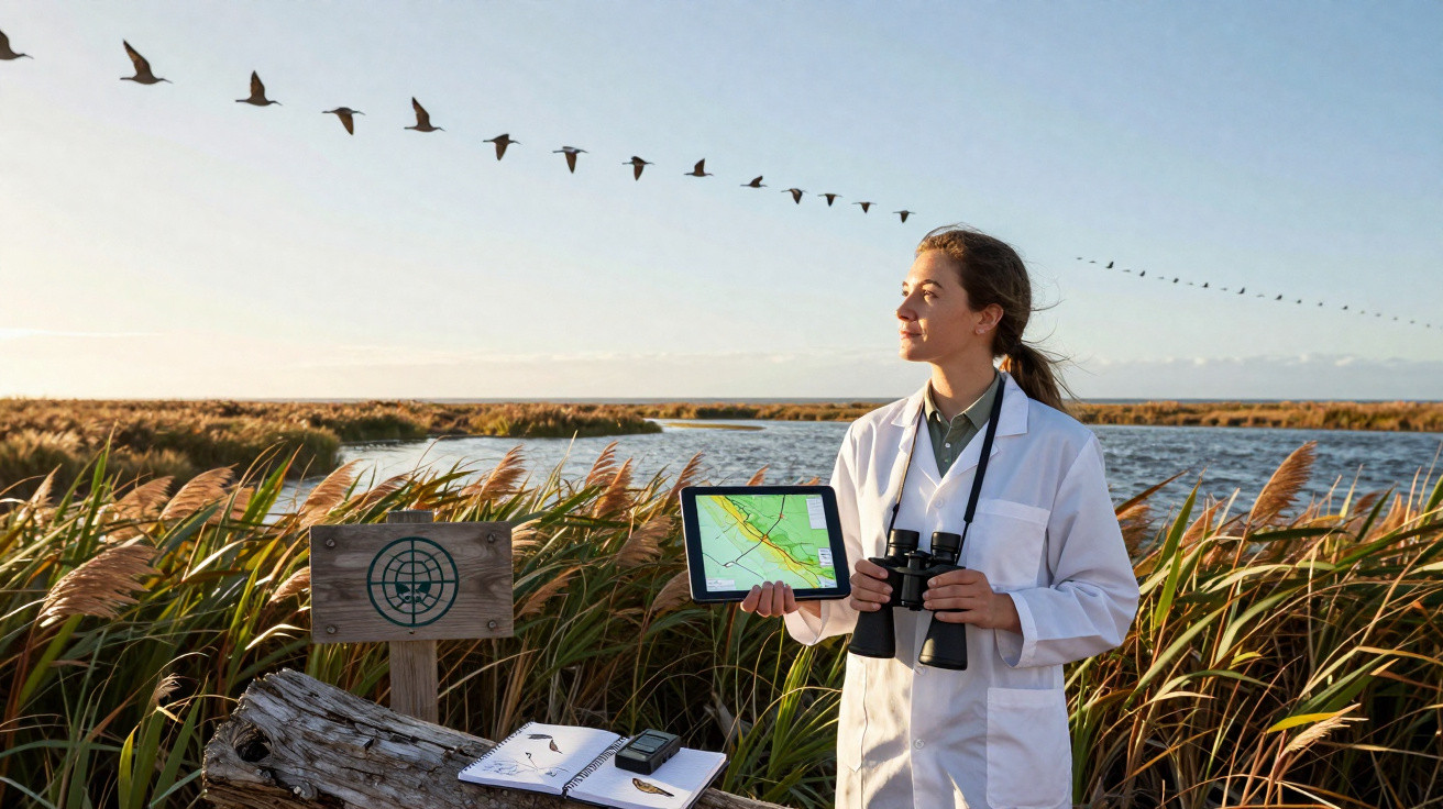 Mulher cientista com jaleco branco segurando binóculos e tablet em área de wetland com aves voando.
