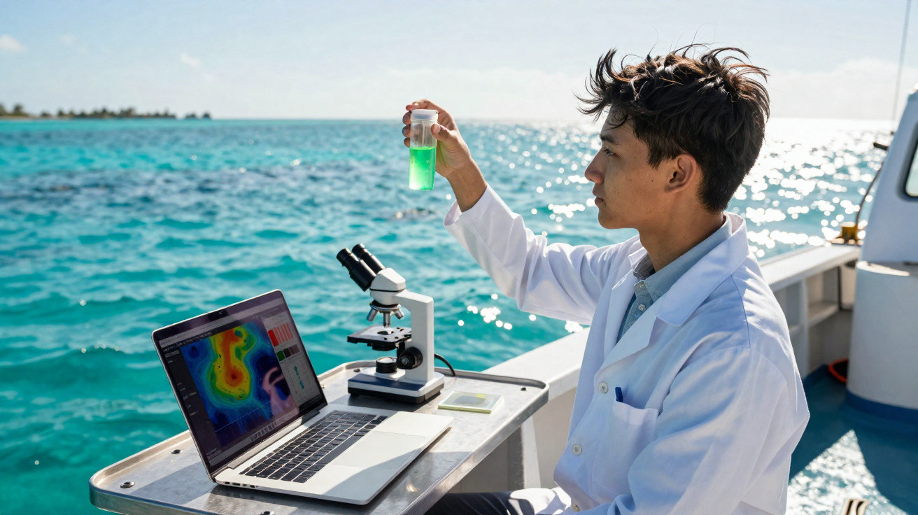 Cientista em barco analisa amostra de água verde com microscópio e notebook aberto perto do mar.